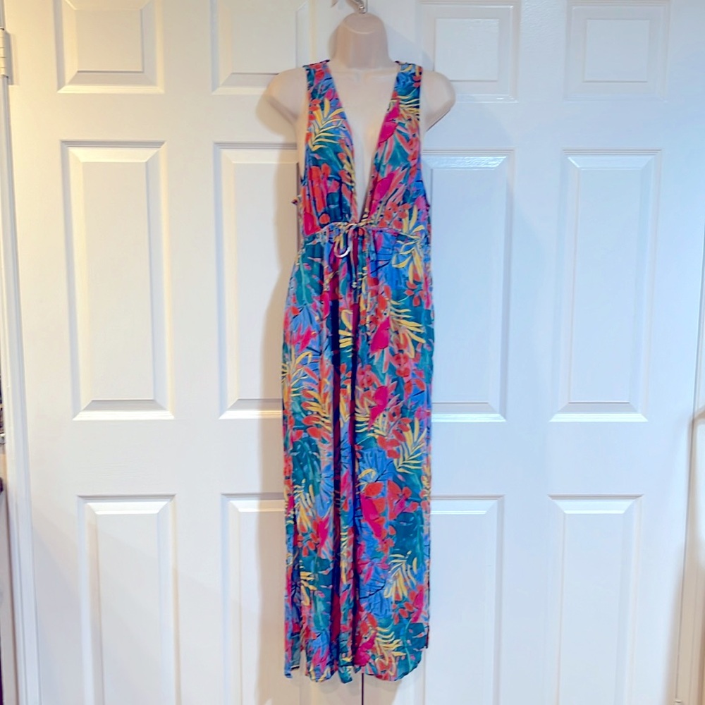 Kona Sol-Tropical Print- Kimono Swim Cover Up-Tie Front-Side Slits-Sz L/XL